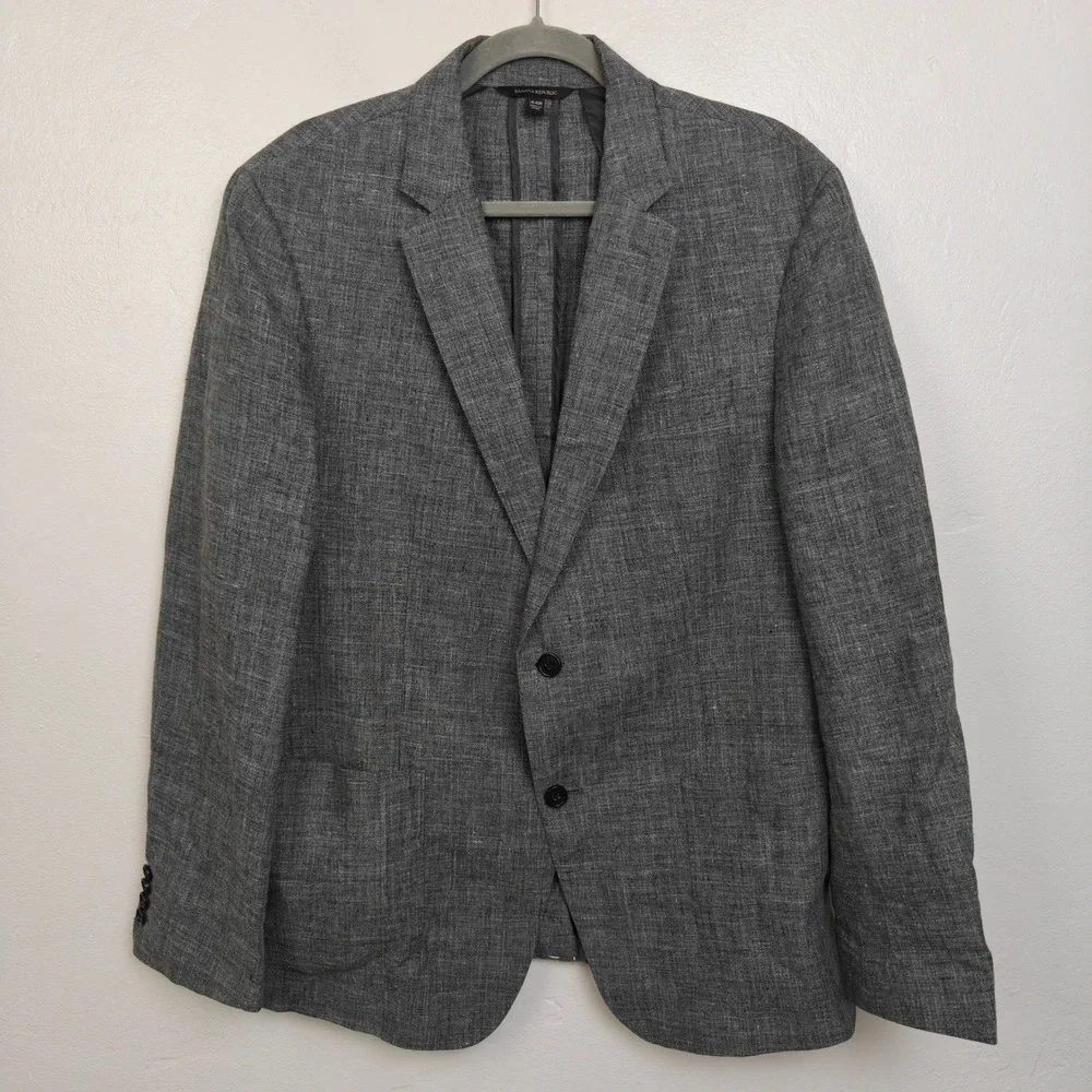 Banana Republic Mens Blazer 44R Grey Linen Two-Button Notch Lapel Business